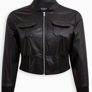 Cropped Faux Leather Bomber Jacket